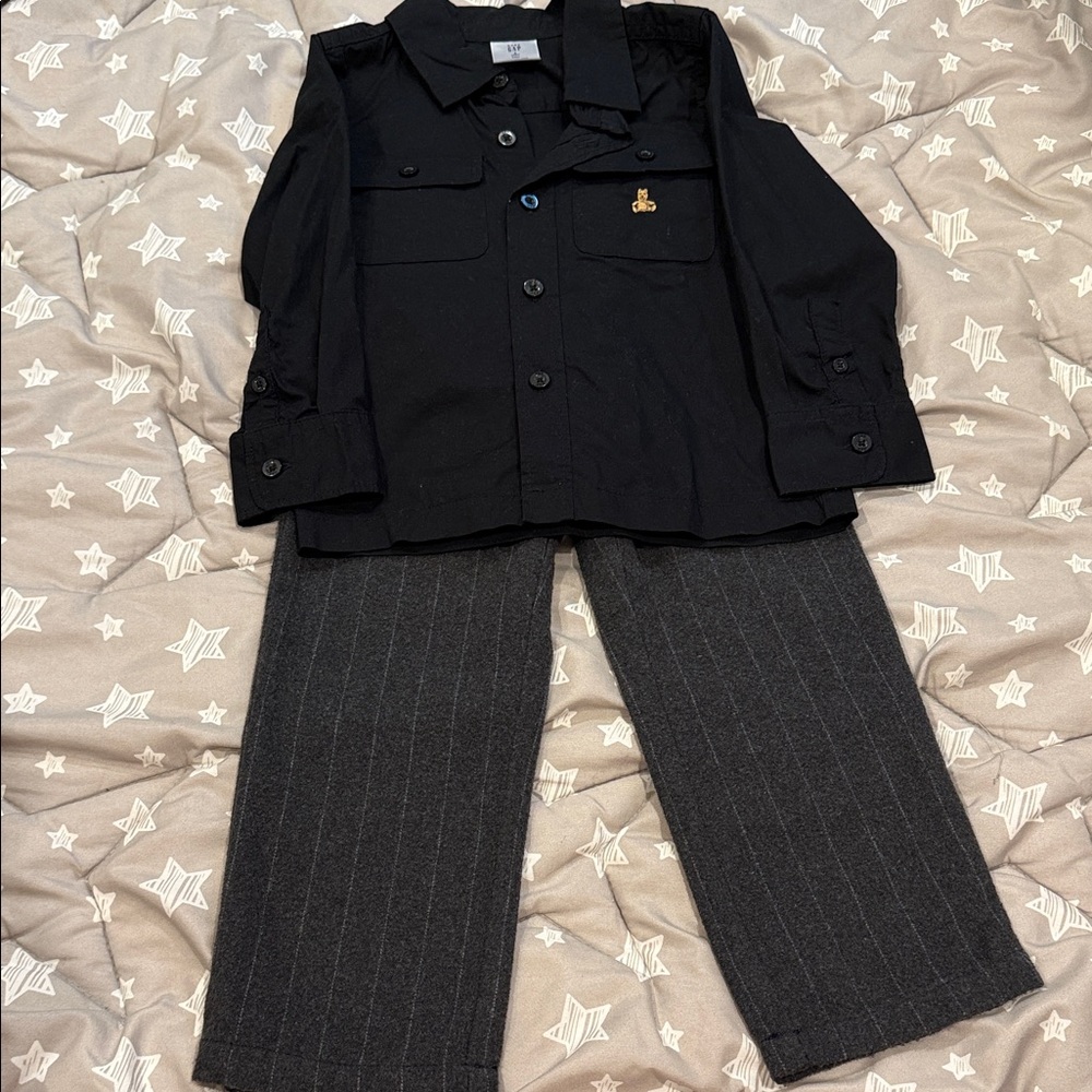 Black Button-Up Shirt and Gray Pinstripe Pants Set